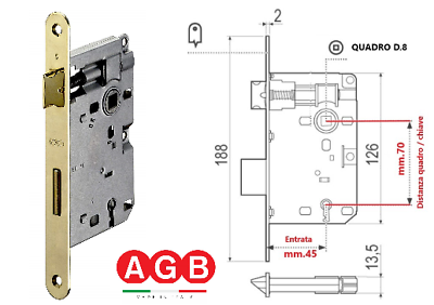 SERRATURA PORTA AGB PATENT PICCOLA B005714503 E. mm.45 OTTONATA CON INCONTRO