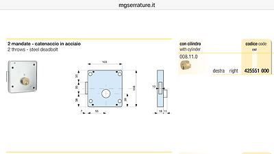 SERRATURA MG 425 55 DX PER PORTA PORTONCINO CANCELLETTO DA APPLICARE CON CILINDR