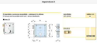 SERRATURA MG 437 55 8 PER PORTE PORTONCINI CANCELLETTI DA APPLICARE CON CILINDRO