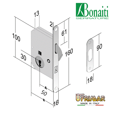 SERRATURA GANCIO BONAITI CON CHIAVE CROMO SAT SERRATURA PORTA SCORREVOLE GIRAFFA