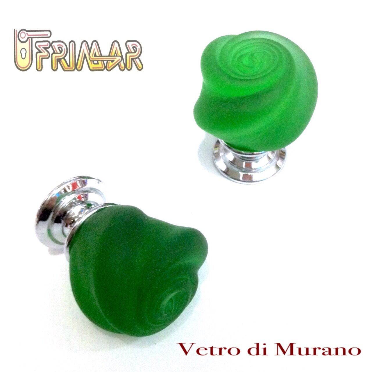 POMOLO VETRO MURANO D.mm.30 VERDE ACIDATO con base CROMO LUCIDO Made in Italy