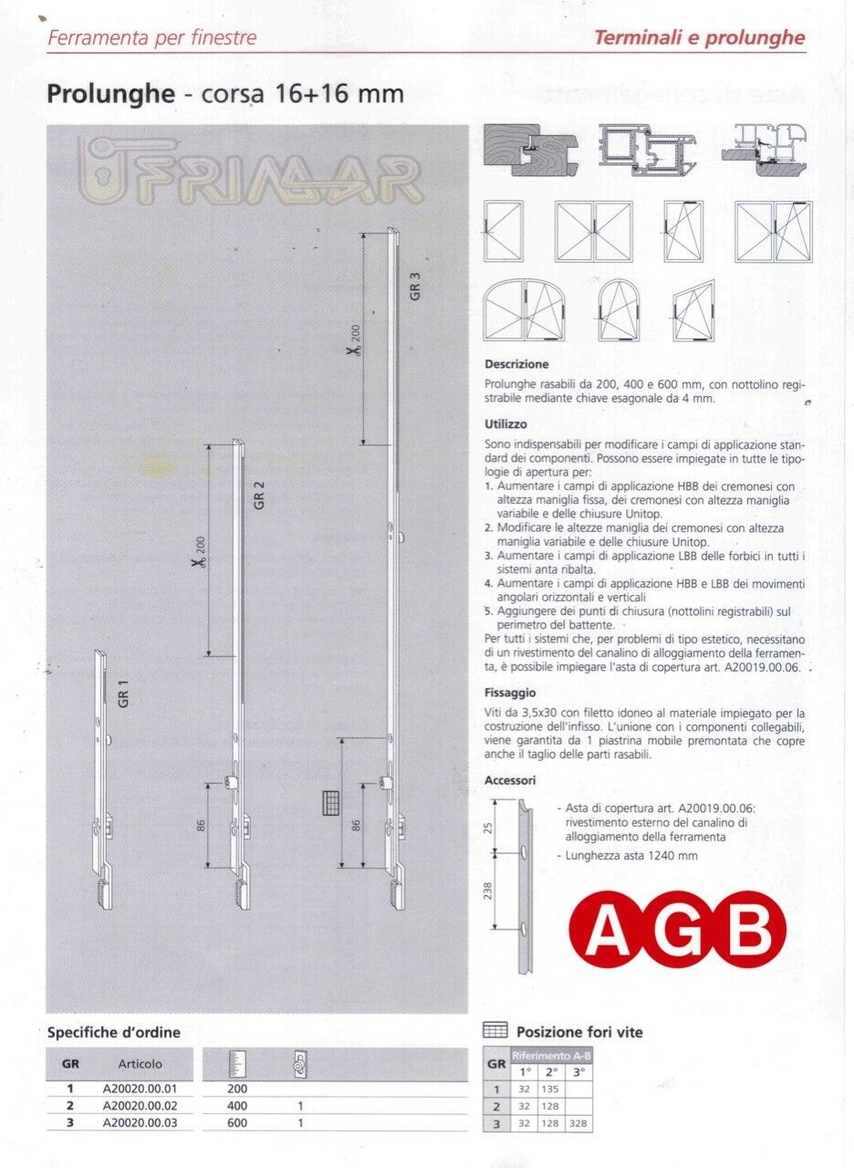 PROLUNGA TOP AGB cod. A20020003 GR3 mm.600 Corsa 16+16 ricambio per finestre