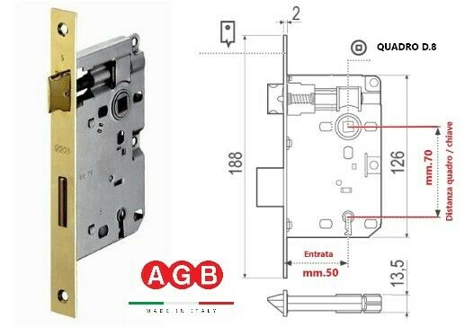 SERRATURA PORTA AGB PATENT PICCOLA B005725003 E. mm.50 OTTONATA CON INCONTRO