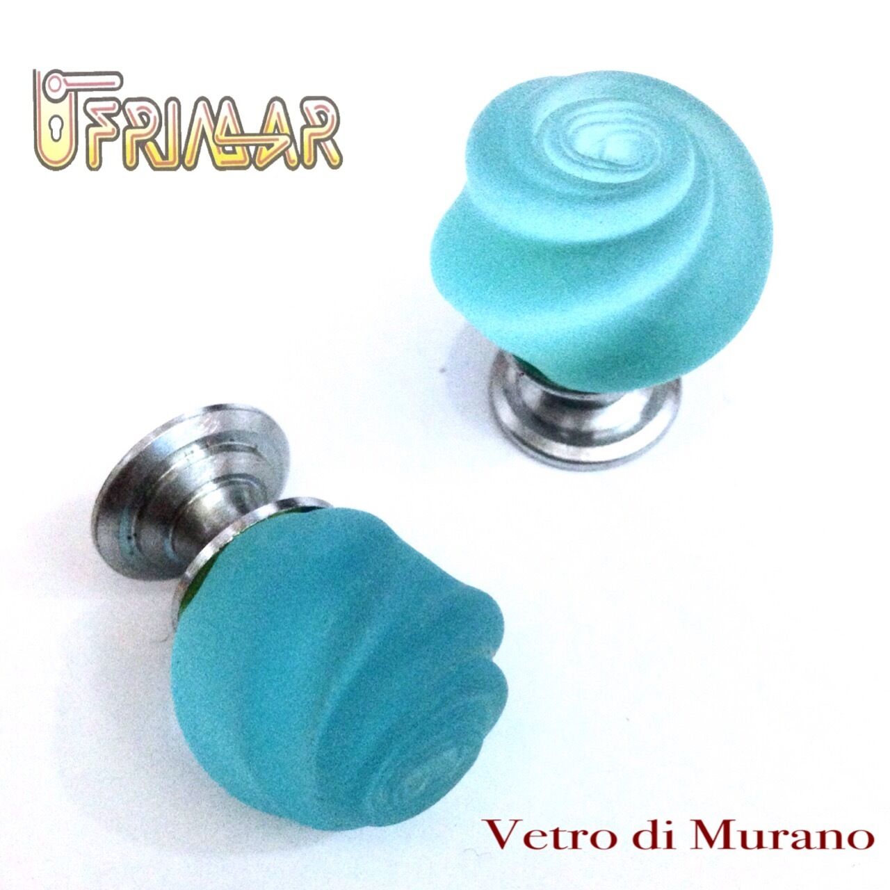 POMOLO VETRO MURANO D.mm.25 ACQUAMARE ACIDATO base CROMO OPACO Made in Italy