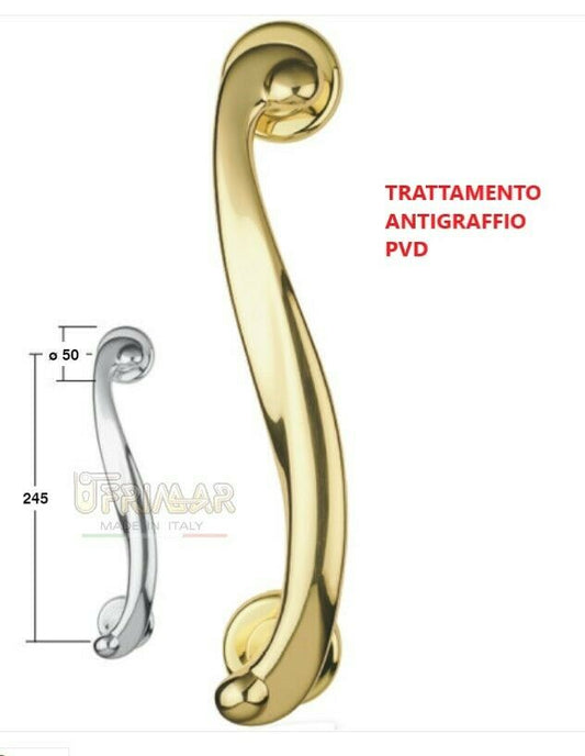 MANIGLIONE PER PORTA PORTONE MANIGLIA RICCIO INTER. mm.245 OTTONE PVD DECENTRATO