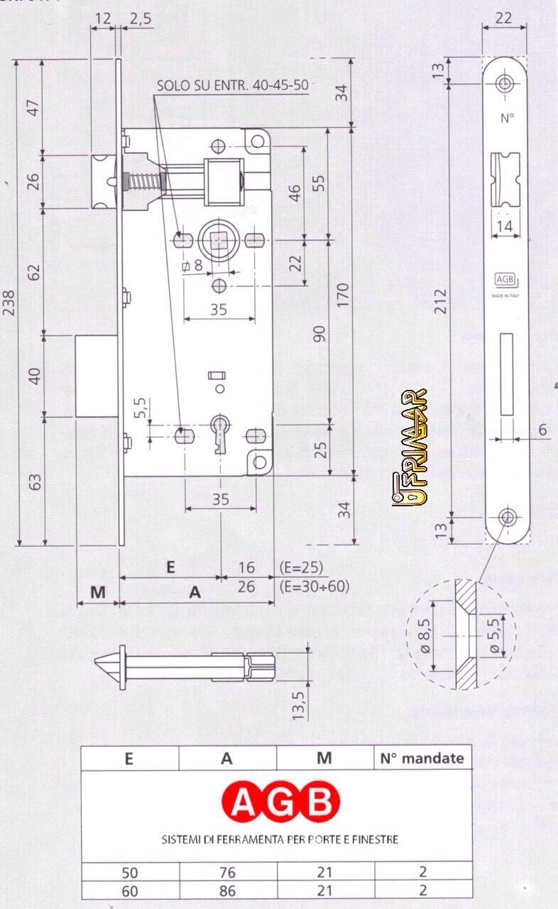 SERRATURA PER PORTA AGB GRANDE 00593.50 E.50 IN OTTONE INFILARE D.90 BORDO TONDO