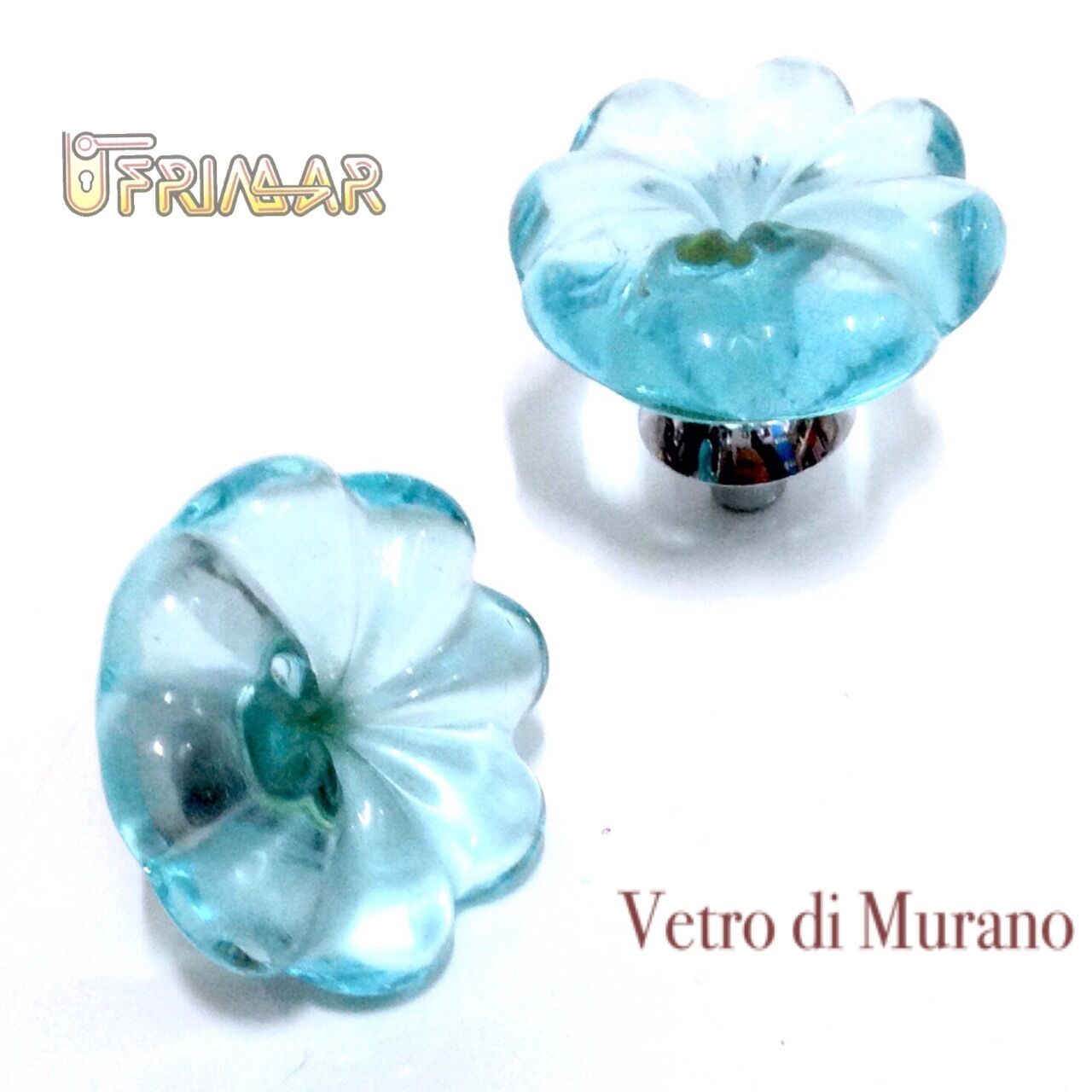 POMOLO VETRO MURANO D.mm.30 ACQUAMARE LUCIDO base CROMO LUCIDO Made in Italy
