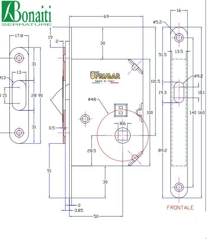 SERRATURA GANCIO BONAITI CON QUADRO CANNA DI FUCILE SERRATURA PORTA SCORREVOLE
