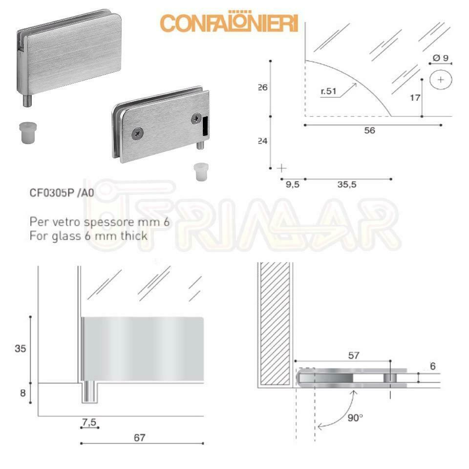 COPPIA CERNIERE PER ANTA VETRO mm.6 CONFALONIERI UCG 305PA CROMO SATINATO 67x35