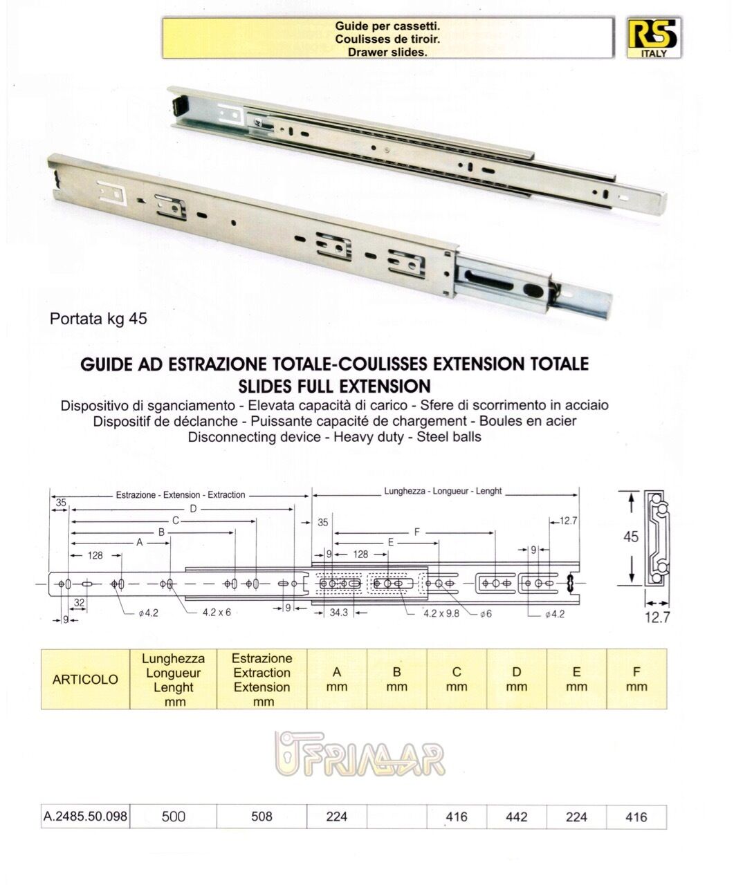 COPPIA GUIDE SCORREVOLI A SFERE X CASSETTI mm. 500 ESTRAZIONE TOTALE PORT. KG.45