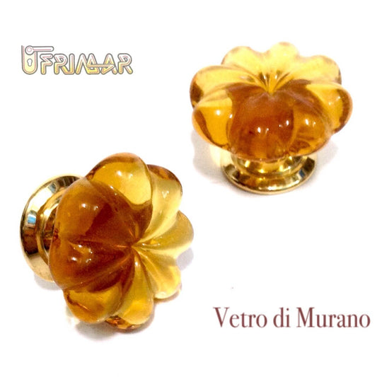 POMOLO VETRO DI MURANO D.mm.30 AMBRA LUCIDO con base ORO LUCIDO Made in Italy