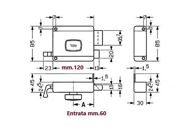 SERRATURA YALE 2620 MANDATA E SCROCCO Entr. mm.60 SENZA CILINDRO POMOLO INTERNO