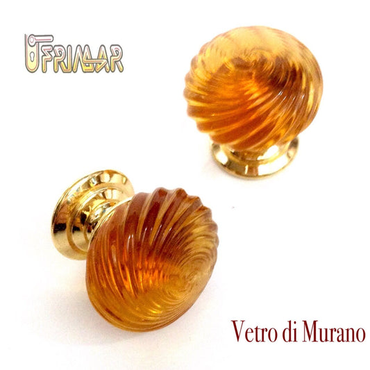POMOLO VETRO MURANO D.mm.30 AMBRA LUCIDO con base ORO LUCIDO Made in Italy