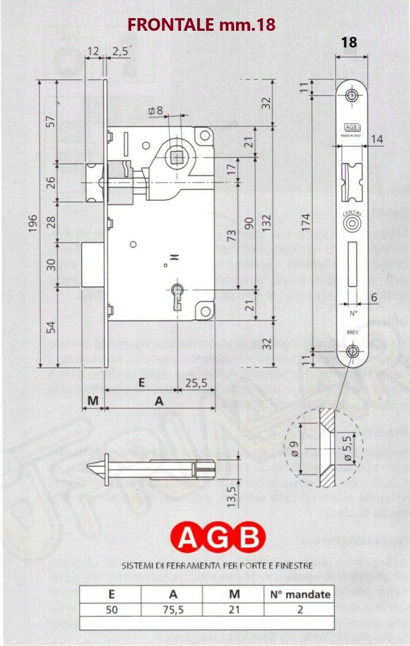SERRATURA AGB PATENT CENTRO B010025003 mm.50 OTTONATA INFILARE PORTA FR.mm.18