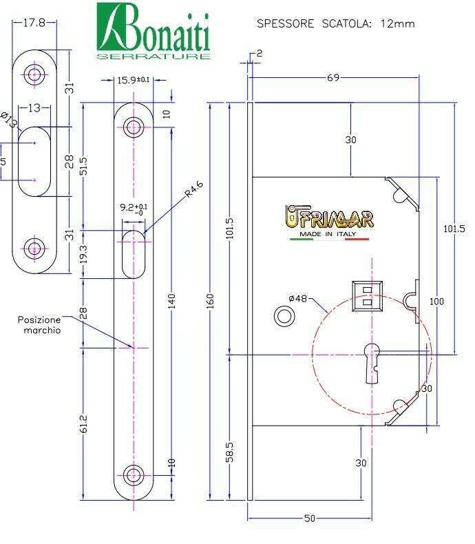 SERRATURA GANCIO BONAITI CON CHIAVE OTTONATA SERRATURA PORTA SCORREVOLE GIRAFFA