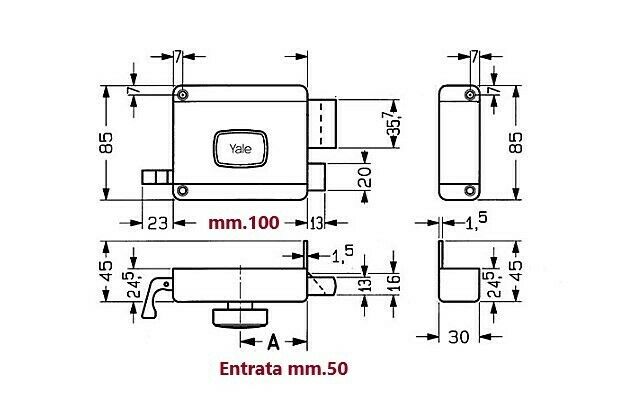 SERRATURA YALE 2620 MANDATA E SCROCCO Entr. mm.50 SENZA CILINDRO POMOLO INTERNO