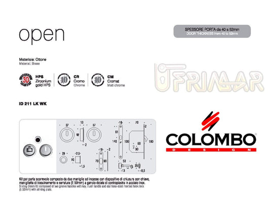 MANIGLIA INCASSO CON SERRATURA PORTE SCORREVOLI COLOMBO OPEN ID211 LKWK HPS ORO