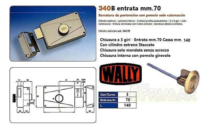 SERRATURA WALLY 340B SOLO MANDATA Entr. mm.70 COMPLETA DI CILINDRO STACCATO