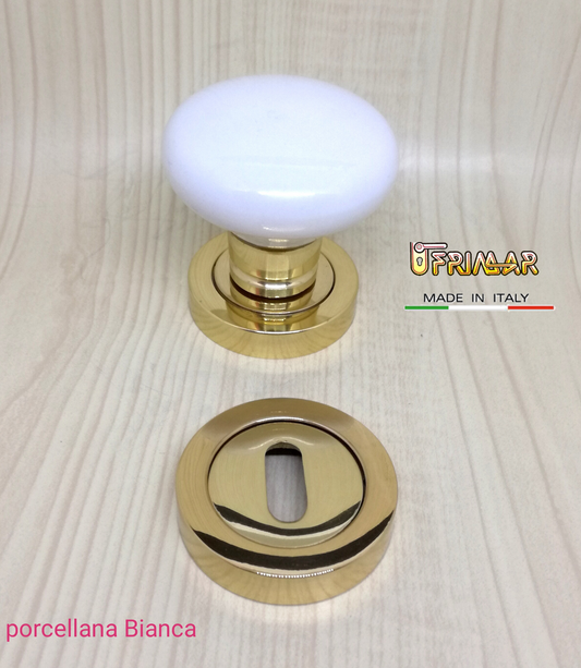 Pomolo porta ceramica Pomello tondo porcellana bianca e Ottone lucido FINA