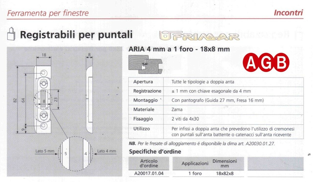 Incontro registrabile per puntali 1 foro AGB A480100154 A4 18x8 ex. A200170104
