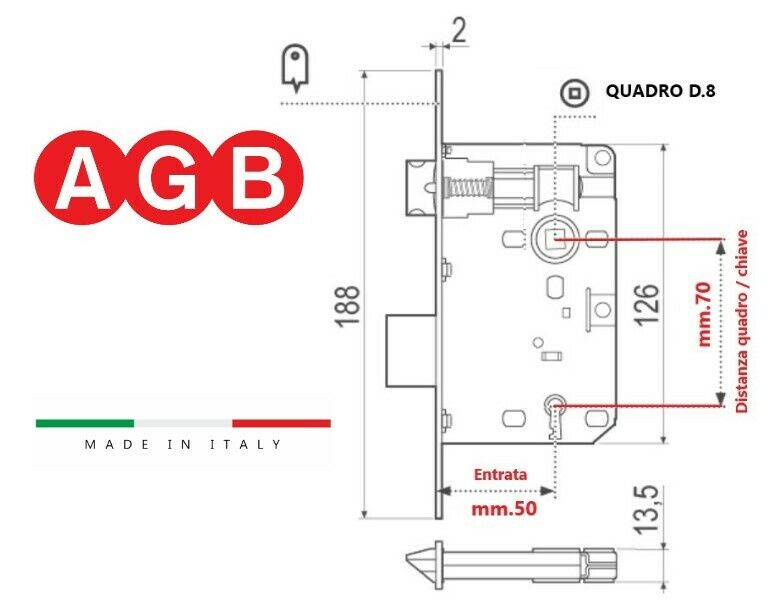 SERRATURA PORTA AGB PATENT PICCOLA B005715003 E. mm.50 OTTONATA CON INCONTRO
