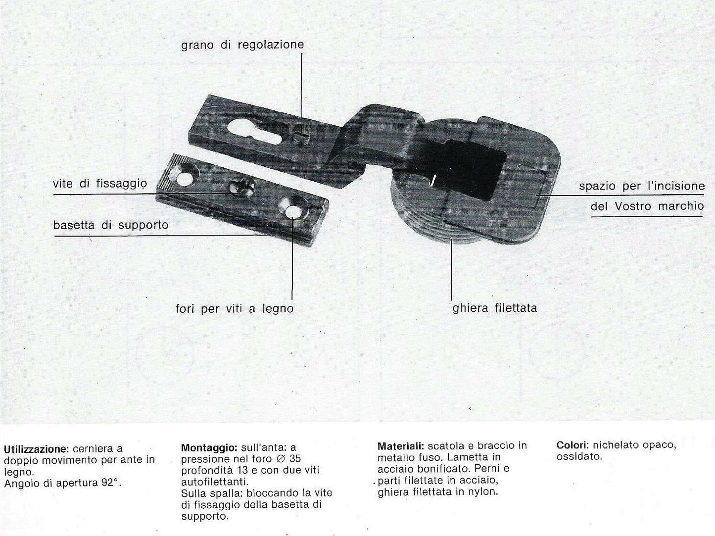 CERNIERA CONFALONIERI UCG 1120 PER ANTA LEGNO BATTUTA INTERNA FORO 35 Ap.92°
