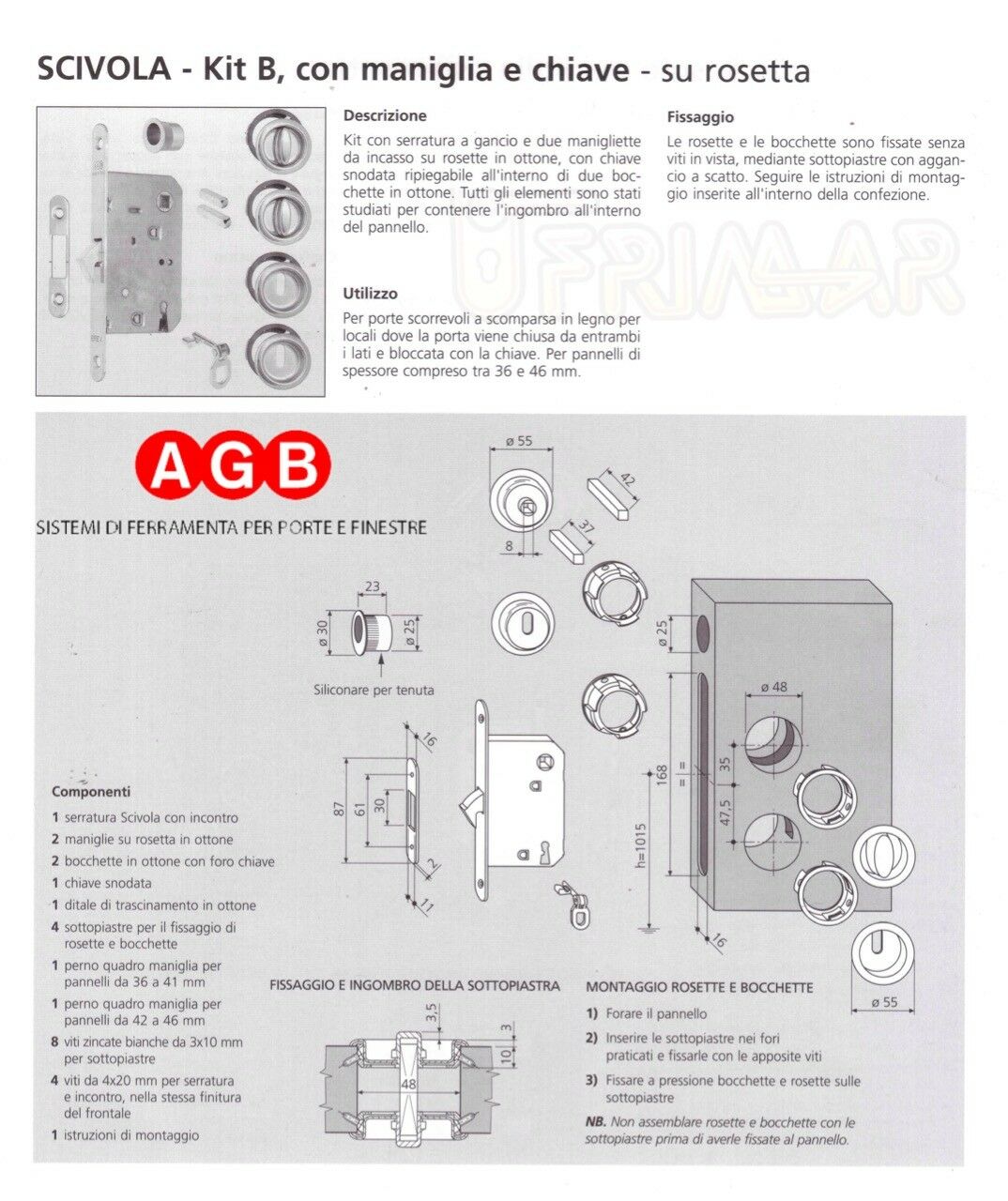 MANIGLIETTE E SERRATURA PER PORTE SCORREVOLI AGB SCIVOLA B0190051 KIT B NERO LUC