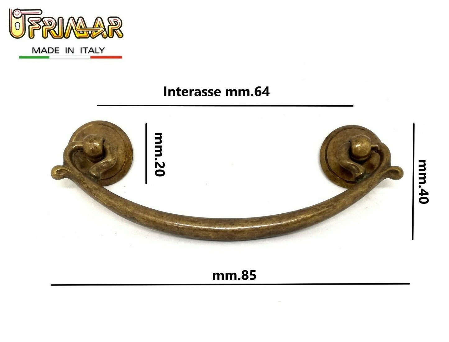 MANIGLIA CLASSICA PER MOBILI ANTICHI Inter. mm.64 OTTONE PATINATO ditta BESANA