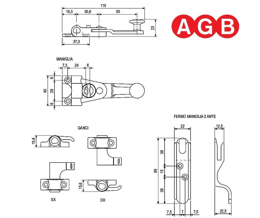 CONFEZIONE BASE SPAGNOLETTA AGB 2 ANTE H009030993 MANIGLIA CHIUSURA SPAGNOLETTA