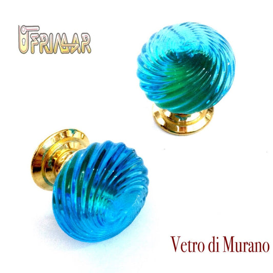 POMOLO VETRO MURANO D.mm.30 ACQUAMARE LUCIDO con base ORO LUCIDO Made in Italy