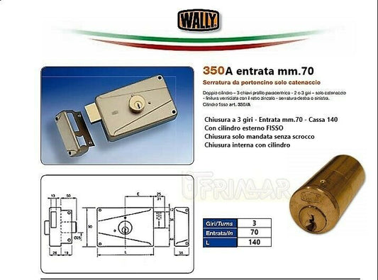 SERRATURA WALLY 350 A SOLO MANDATA Entrata mm.70 COMPLETA DI CILINDRO FISSO