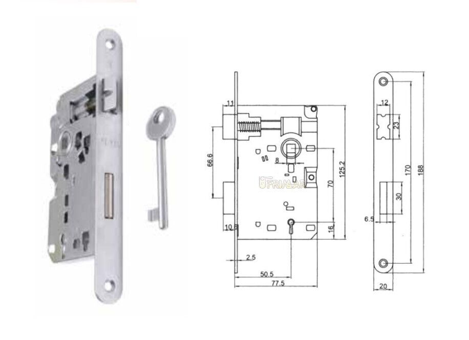 SERRATURA PORTA PATENT PICCOLA CROMO SATINATO Entrata mm.50 CON INCONTRO VITEL