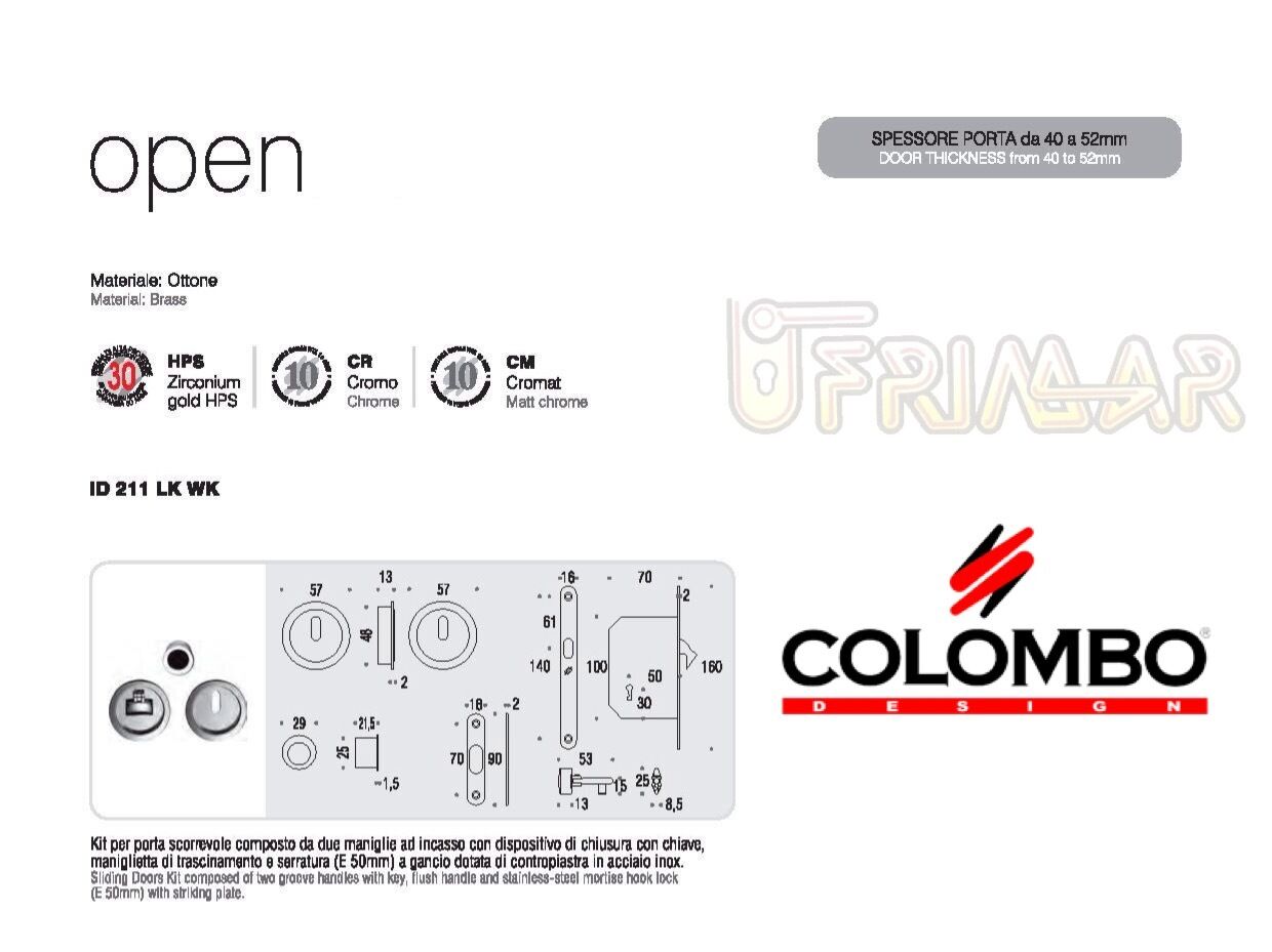 MANIGLIA INCASSO CON SERRATURA PORTE SCORREVOLI COLOMBO OPEN ID211 LKWK CR.SAT.