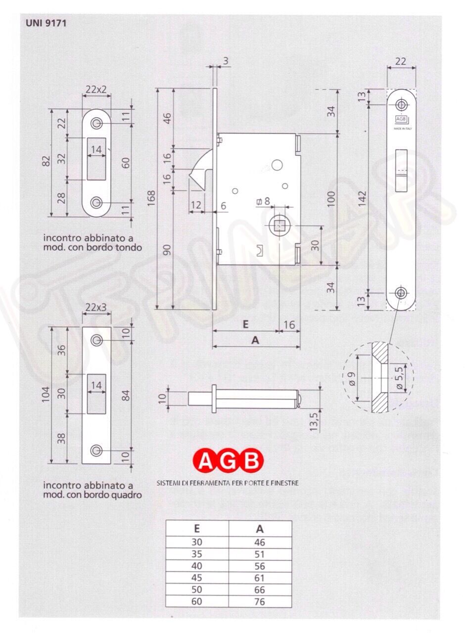 SERRATURA AGB PER PORTE SCORREVOLI 00706.50 E.mm.50 OTTONATA CHIUSURA CON QUADRO