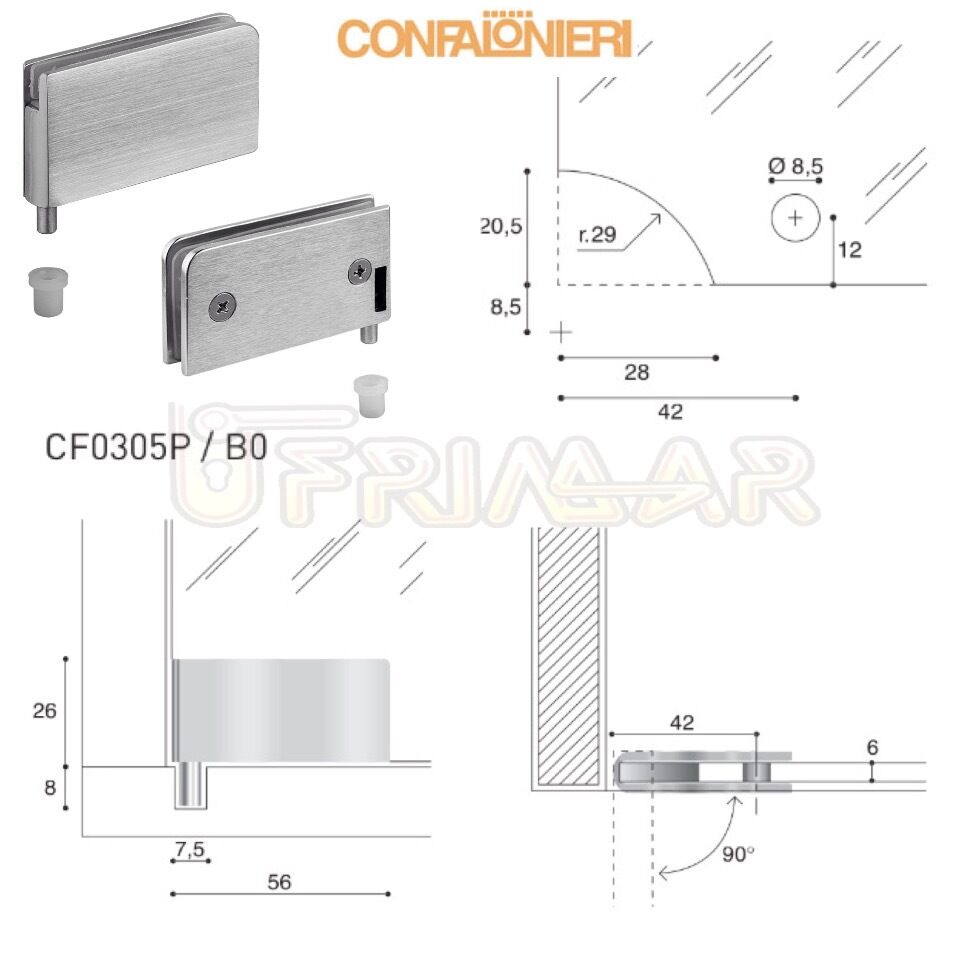 COPPIA CERNIERE PER ANTE IN VETRO mm.6 CONFALONIERI 305PB OTTONE LUCIDO 56x26mm