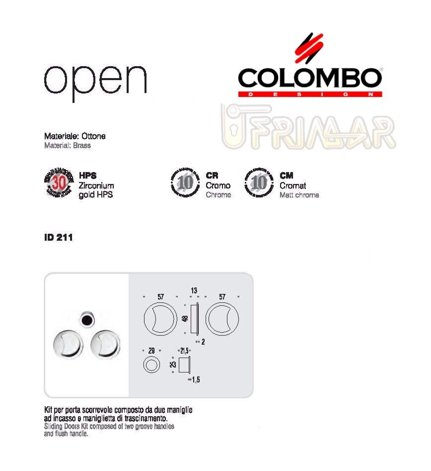 KIT MANIGLIA INCASSO PORTE SCORREVOLI COLOMBO ID211 OPEN CIECHE HPS ORO LUCIDO