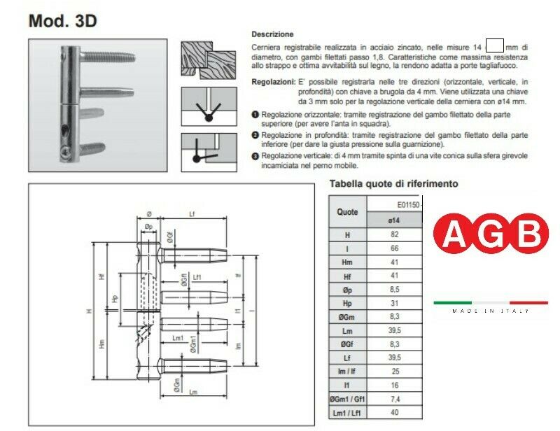 CERNIERA ANUBA PER PORTE IN LEGNO D.14 REGOLABILE E01150 AGB RIDOTTA E011501402