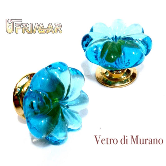 POMOLO VETRO MURANO D.mm.30 ACQUAMARE LUCIDO con base ORO LUCIDO Made in Italy