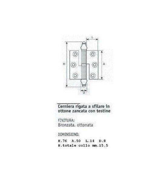 CERNIERA MOBILI ANTICHI BAROCCO CON BATTUTA mm.50x40 doppio collo OTTONE Dx/Sx