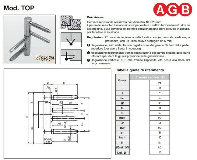 CERNIERA ANUBA PER PORTE IN LEGNO D.20 REGOLABILE AGB TOP gigante E001502004