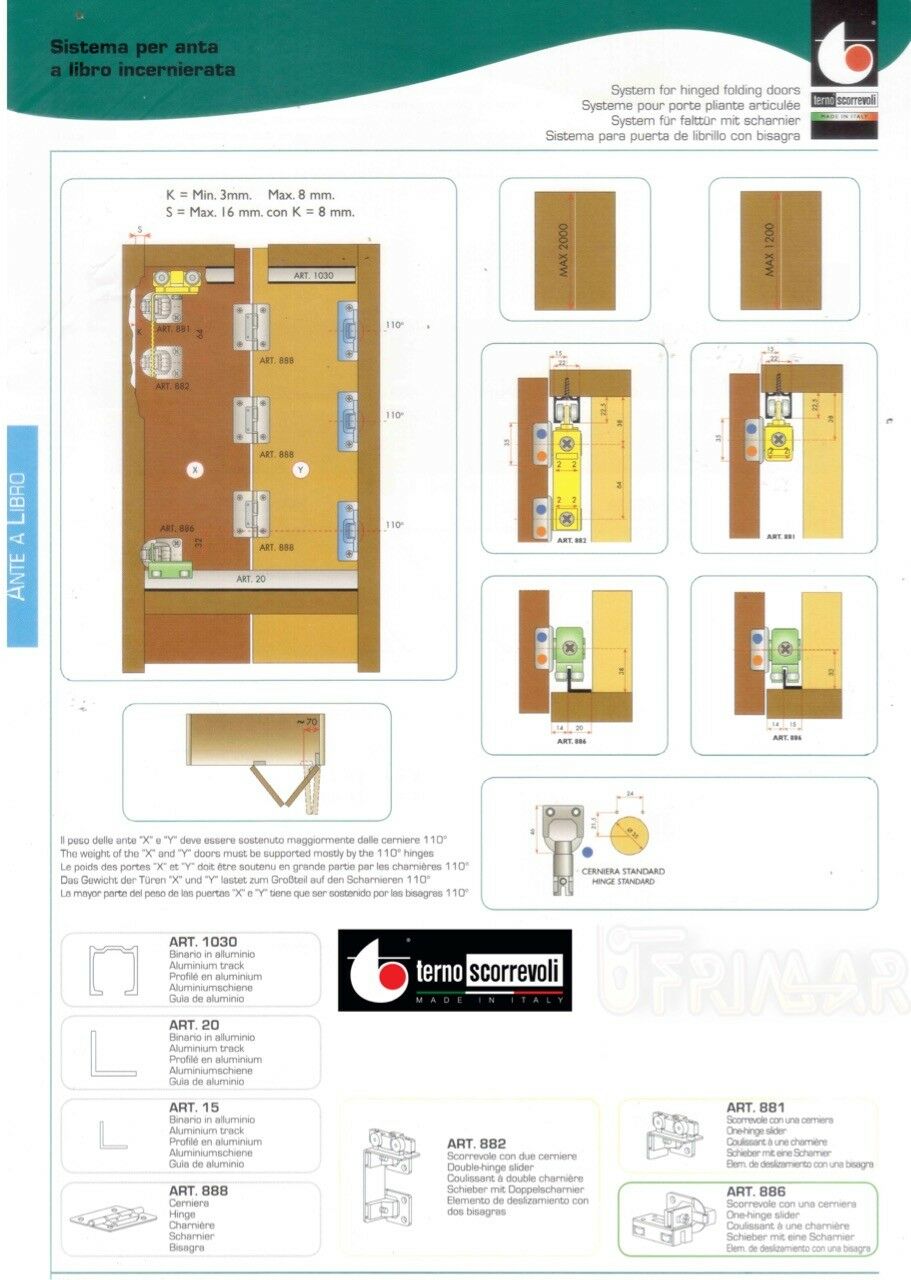 Cerniera per anta a libro art.888 Terno scorrevoli con asse spostato