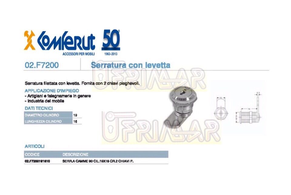 SERRATURA CILINDRETTO A LEVETTA D.mm.19 LUNGH.mm.16 CHIAVE PIEGHEVOLE