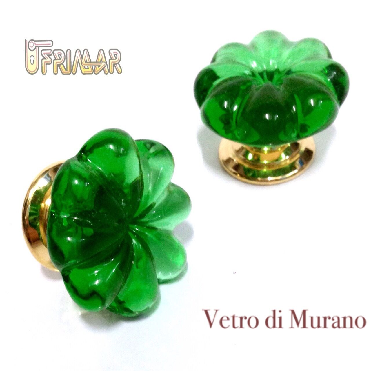 POMOLO VETRO MURANO D.mm.30 VERDE LUCIDO con base ORO LUCIDO Made in Italy