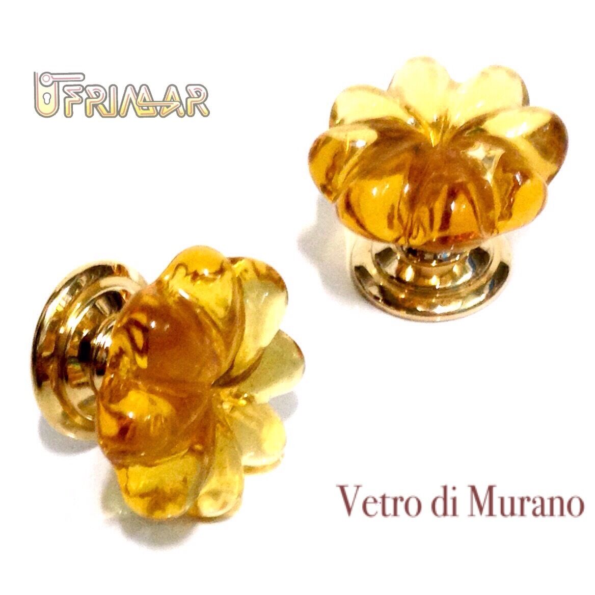 POMOLO VETRO MURANO D.mm.25 AMBRA LUCIDO con base ORO LUCIDO Made in Italy