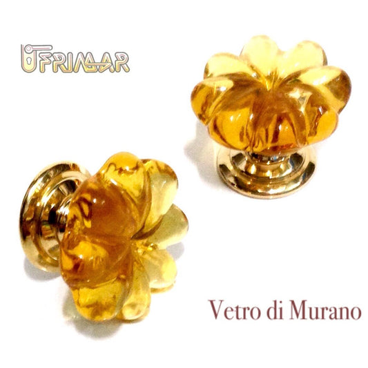 POMOLO VETRO MURANO D.mm.25 AMBRA LUCIDO con base ORO LUCIDO Made in Italy