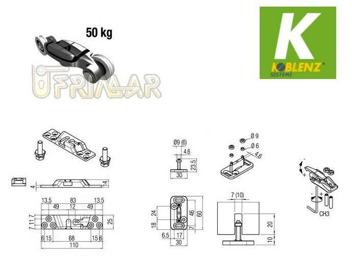 Kit Scorrevole Koblenz serie 0500/2 portata kg.50 scorrevole con staffe e fermi