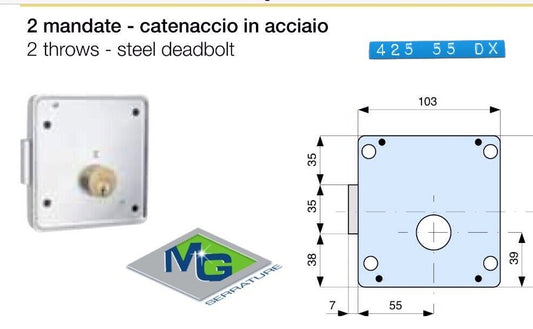 SERRATURA MG 425 55 DX PER PORTA PORTONCINO CANCELLETTO DA APPLICARE CON CILINDR