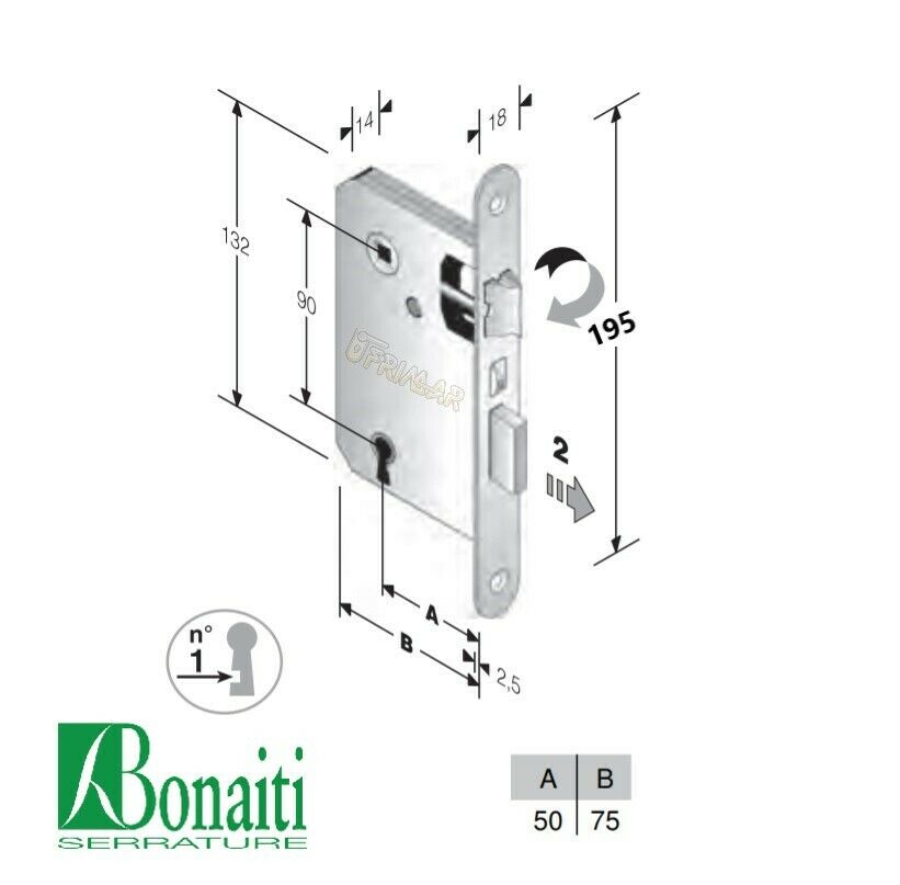 BONAITI SERRTURE 250 PATENT RIDOTTA DISTANZA 90 E. mm.50 OTTONATA Frontale mm.18