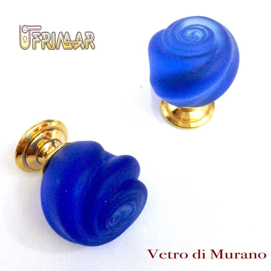POMOLO VETRO MURANO D.mm.25 BLU ACIDATO con base OTTONE LUCIDO Made in Italy