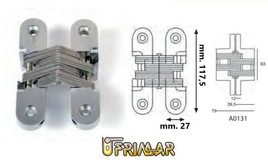 CERNIERA INVISIBILE A SCOMPARSA mm.117,5x27 PER PORTE IN LEGNO CROMO SATINATO